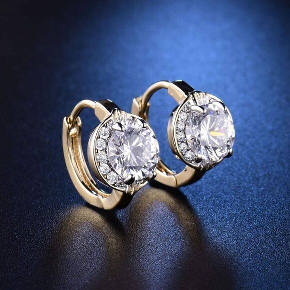 14K Yellow Gold with White Diamond Cubic Zirconia Halo Huggie Hoop Drop Earrings - Picture 3 of 13